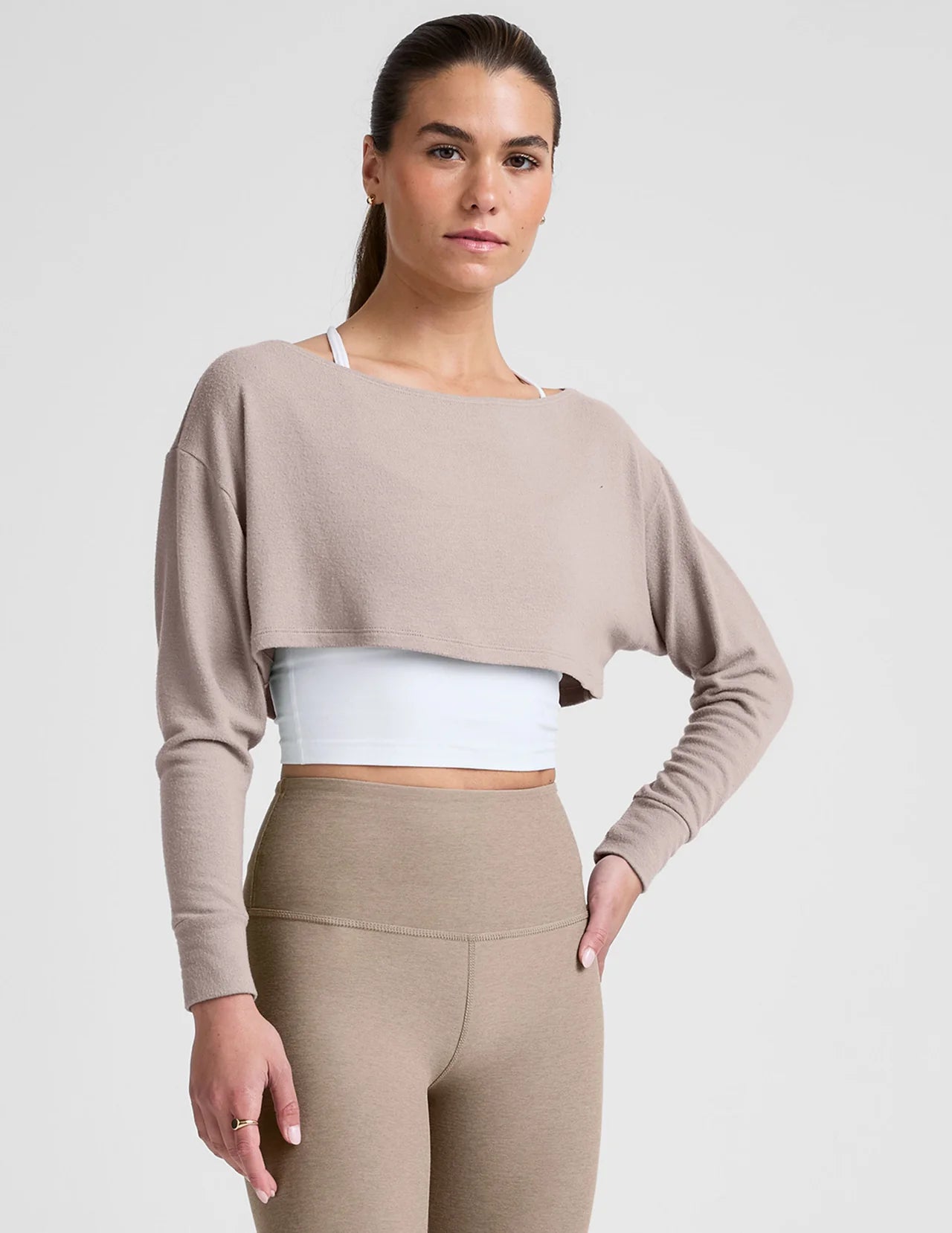 BEYOND YOGA- DUET 2-WAY CONVERTIBLE SHRUG OATMEAL