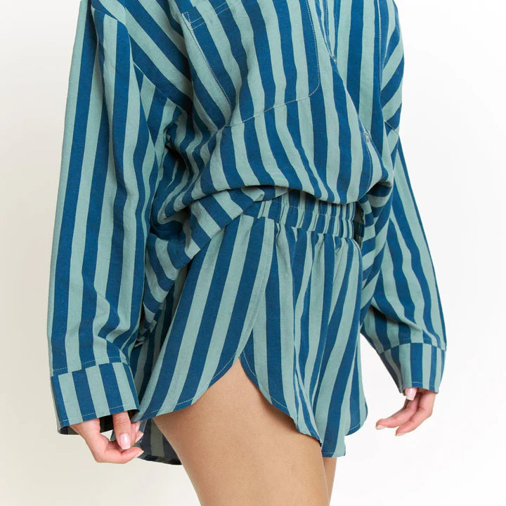 HONEYDEW- BRUNCH DATE LONG SLEEVE SHORTIE PJ SET IN ROYAL STRIPE