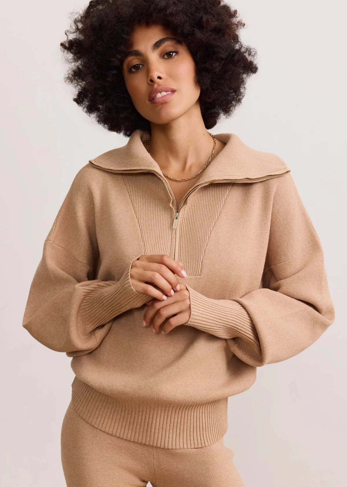 LUNE- OLLY HALF ZIP KNIT SWEATER- CAMEL