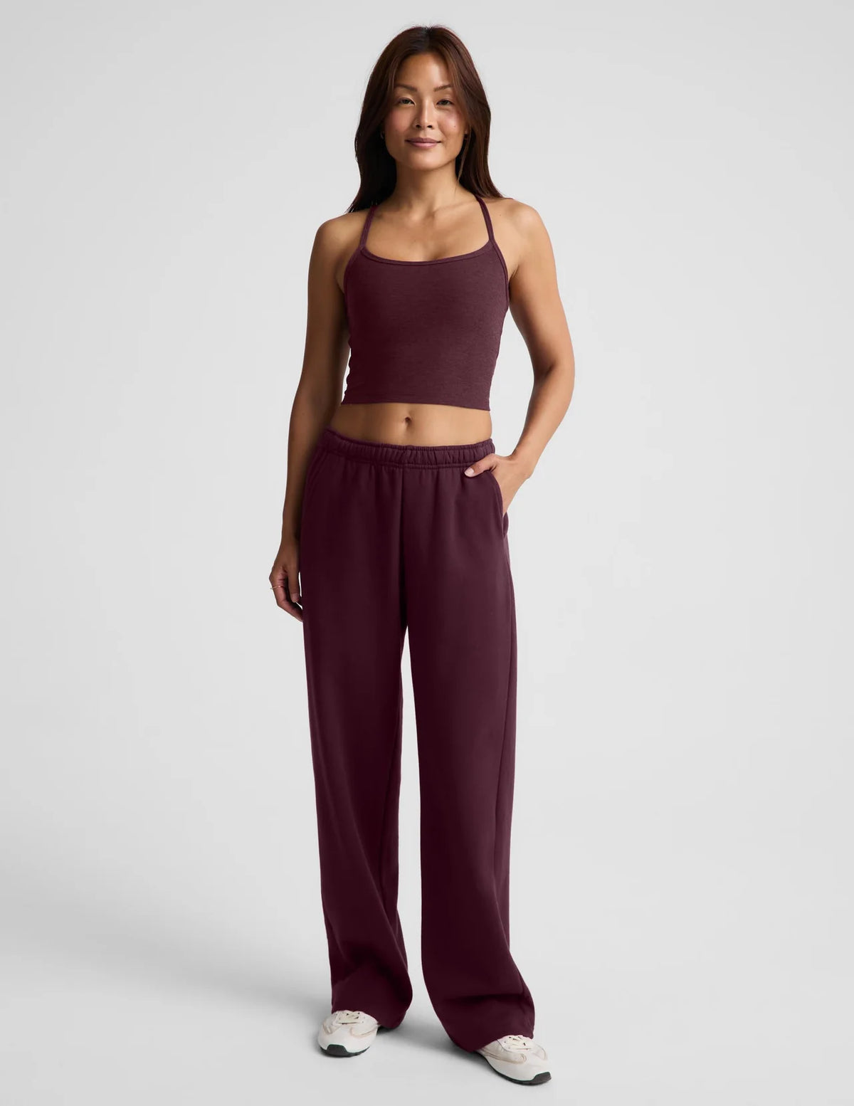 BEYOND YOGA- SPACEDYE SLIM RACERBACK CROPPED TANK CABERNET HEATHER