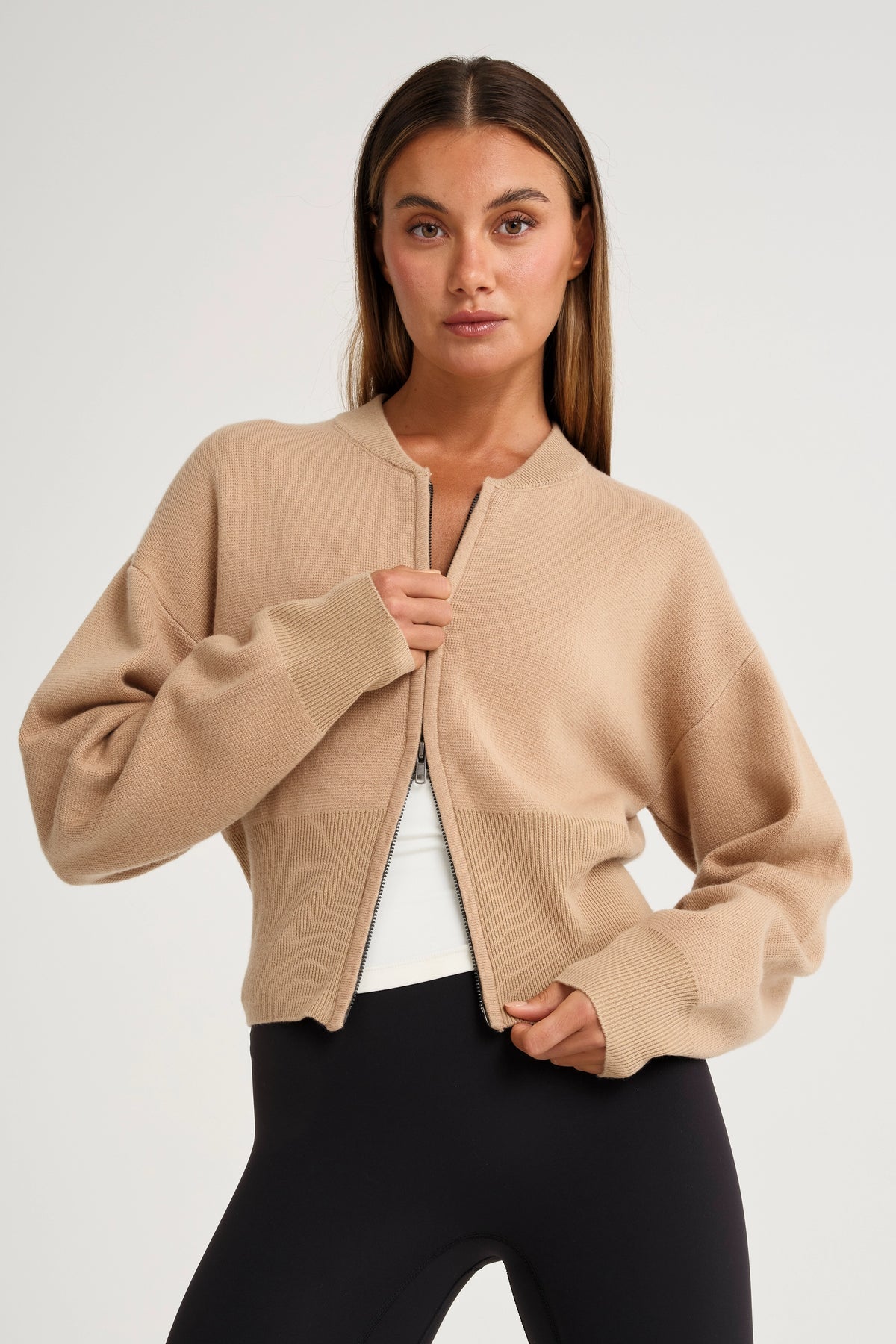 ALL FENIX- TWO WAY ZIP KNIT BOMBER TOFFEE