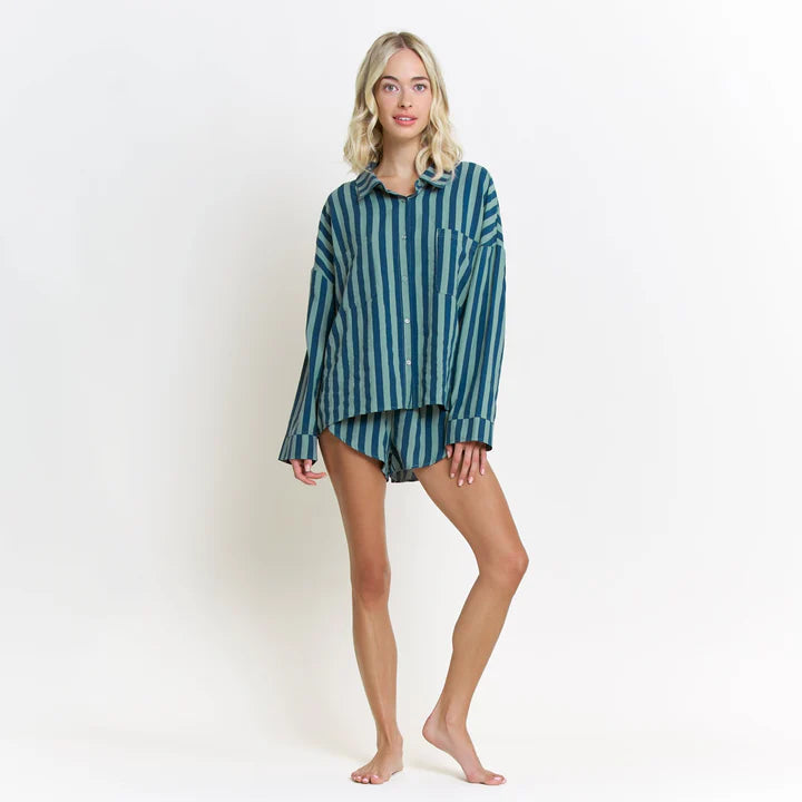 HONEYDEW- BRUNCH DATE LONG SLEEVE SHORTIE PJ SET IN ROYAL STRIPE