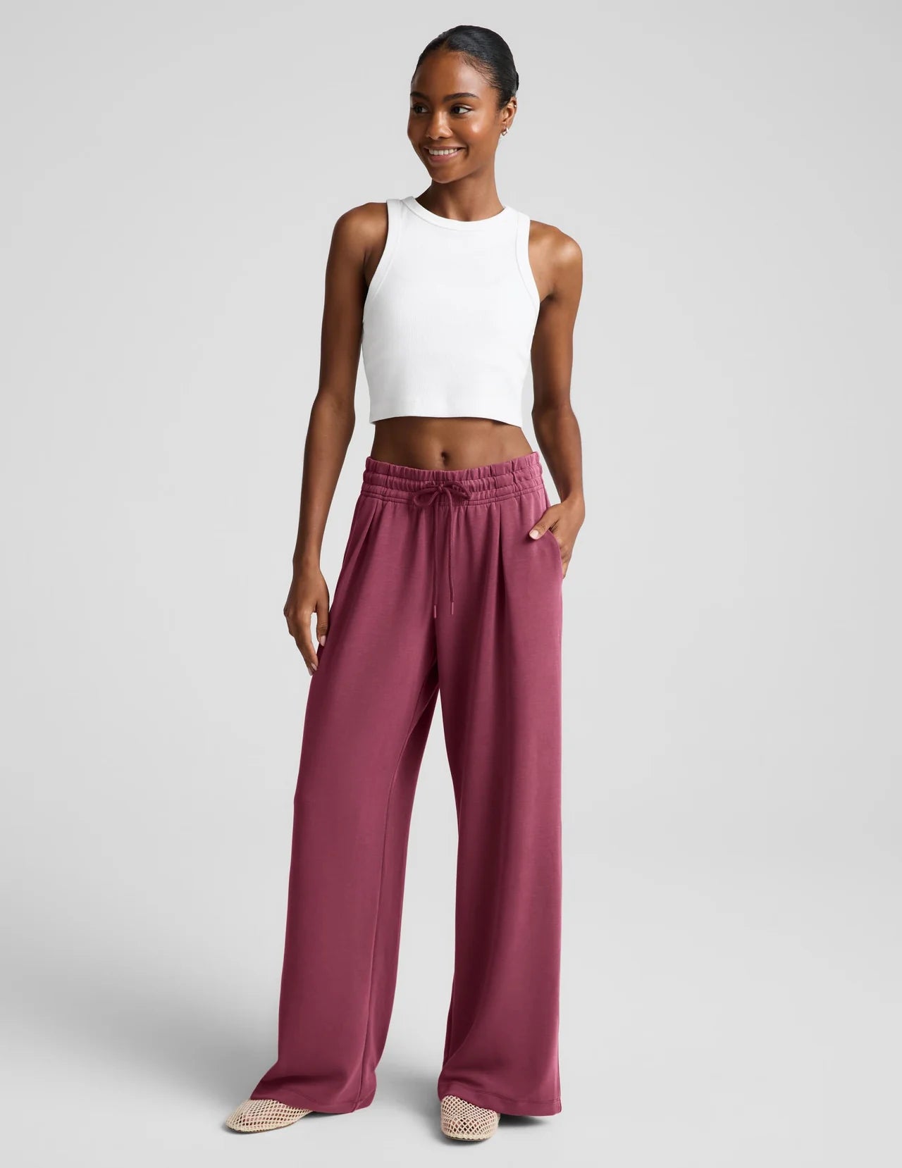 BEYOND YOGA- LUXE SANDWASH DOUBLE KNIT WIDE LEG PANT MUTED MAUVE