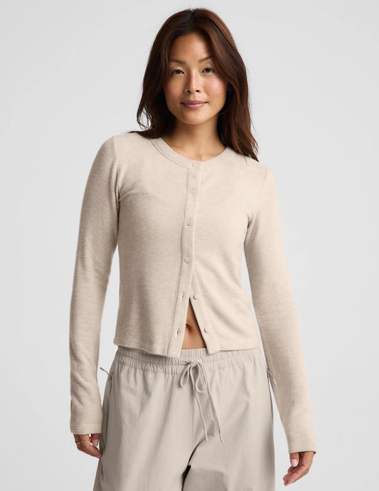 BEYOND YOGA- LUXELAYER FITTED CARDIGAN OATMEAL HEATHER