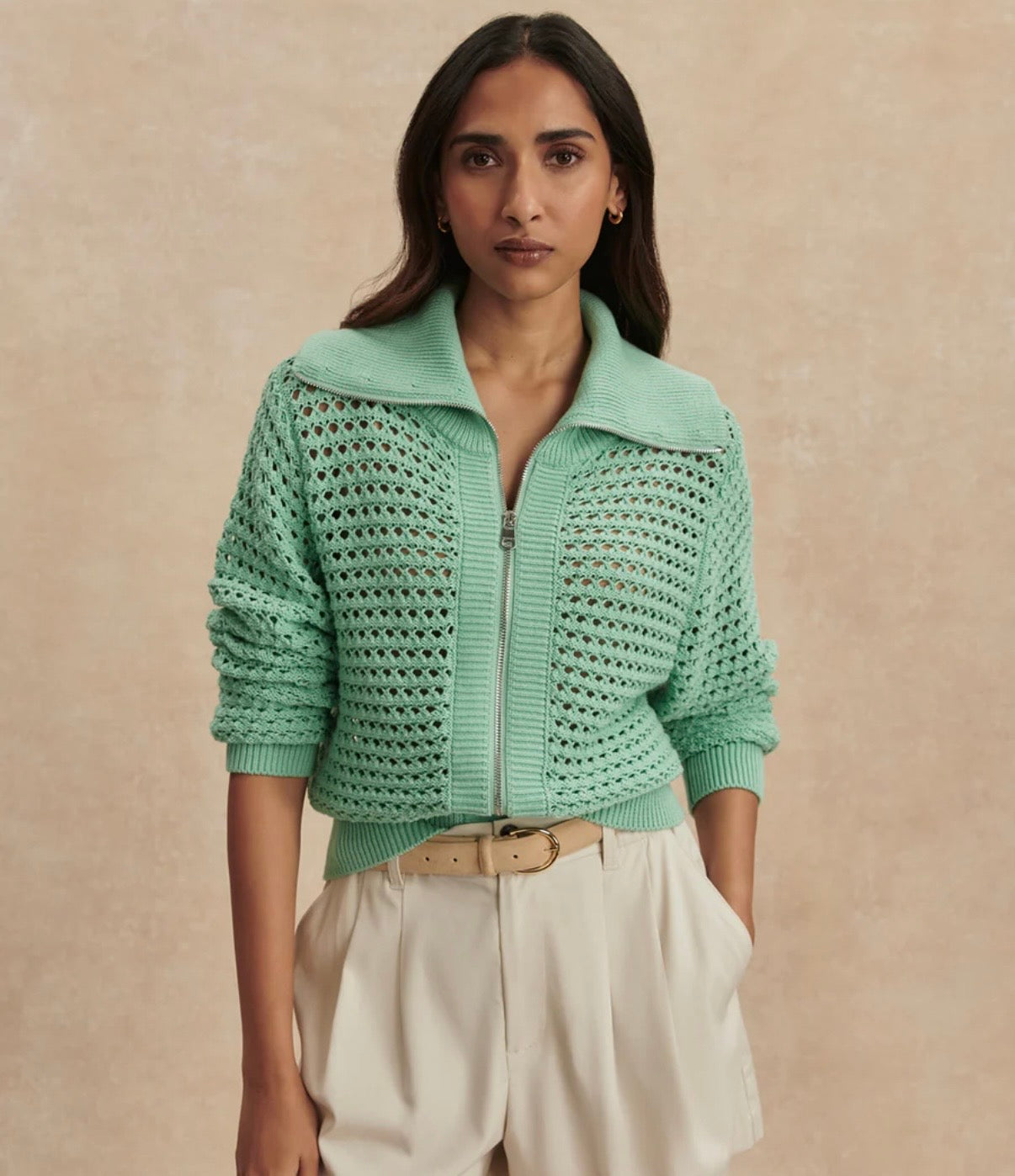 VARLEY- ELOISE FULL ZIP KNIT DUSTY JADE GREEN