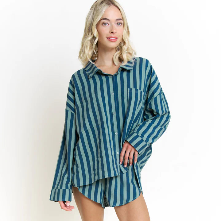 HONEYDEW- BRUNCH DATE LONG SLEEVE SHORTIE PJ SET IN ROYAL STRIPE