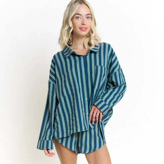 HONEYDEW- BRUNCH DATE LONG SLEEVE SHORTIE PJ SET IN ROYAL STRIPE