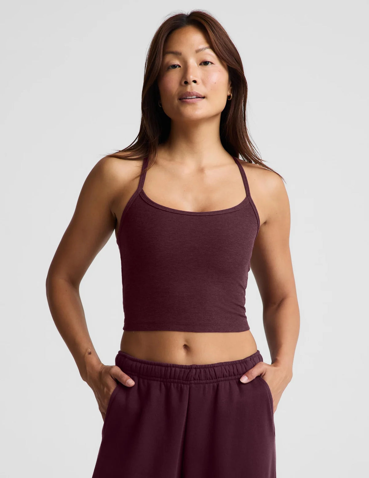 BEYOND YOGA- SPACEDYE SLIM RACERBACK CROPPED TANK CABERNET HEATHER