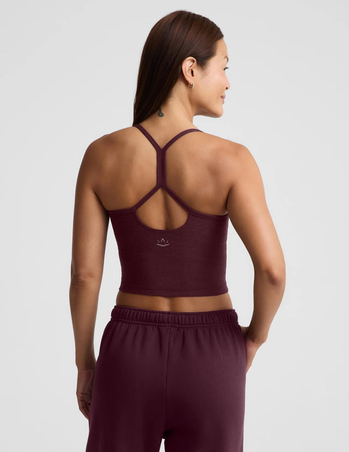 BEYOND YOGA- SPACEDYE SLIM RACERBACK CROPPED TANK CABERNET HEATHER
