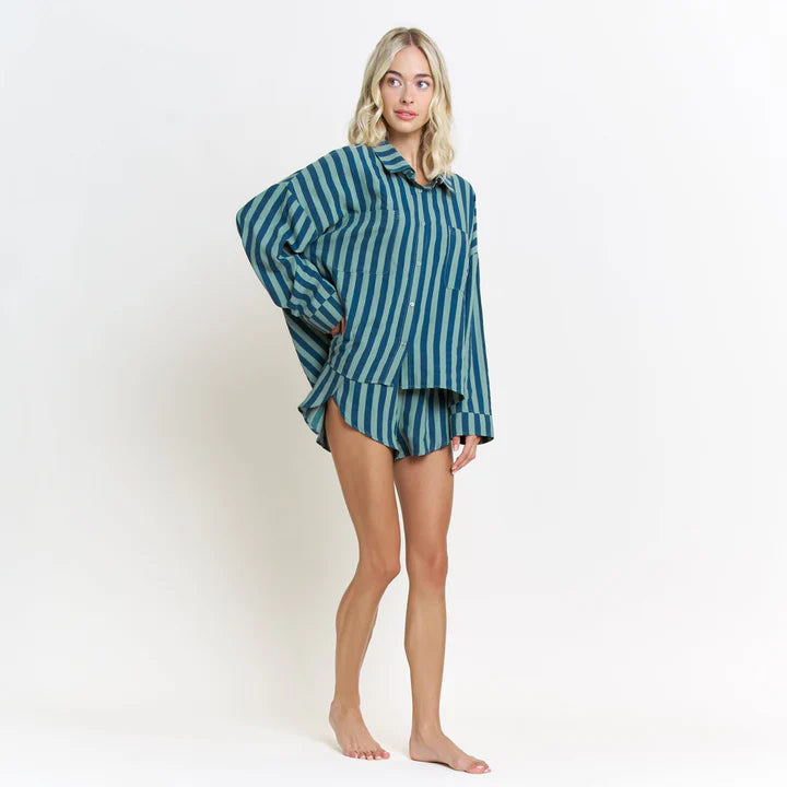 HONEYDEW- BRUNCH DATE LONG SLEEVE SHORTIE PJ SET IN ROYAL STRIPE