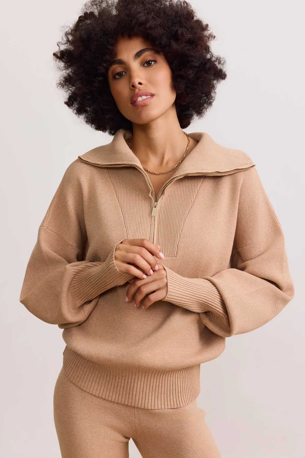 LUNE- OLLY HALF ZIP KNIT SWEATER- CAMEL