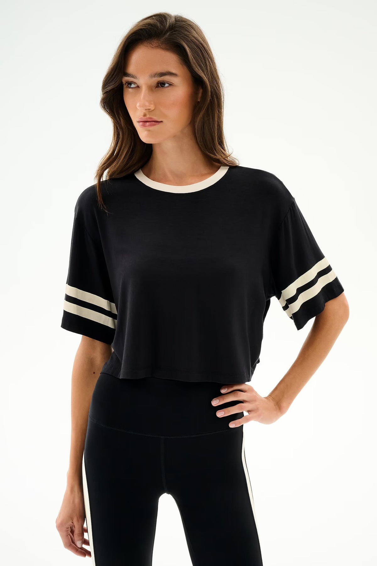 SPLITS59- DJUNA OVERSIZED CROPPED JERSEY TEE BLACK/CREME